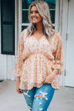 Orange Floral Print V Neck Ruched Babydoll Blouse