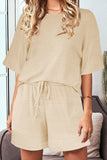 Khaki Crew Neck Short Sleeve Ribbed Lounge Set