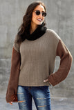Khaki Long Sleeve Turtleneck Color Block Pullover Knit Sweater