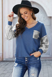 Sequin Splicing V Neck Bishop Sleeves Top