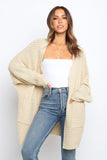 Beige Long Line Open Front Knitted Cardigan with Pockets