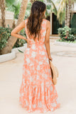 Orange Deep V Neck Sleeveless Empire Waist Floral Print Maxi Dress