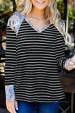 Stripe Splicing V Neck Long Sleeve Top