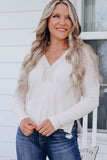 Lace Contrast V Neck Ribbed Long Sleeve Top