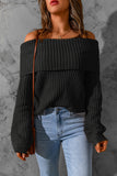 Black Ribbed Knit Foldover Off Shoulder Sweater