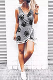 Palm Leaves Print Tassel Wrap V-Neck Mini Dress