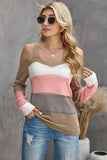 Burgundy Trim Colorblock Stripes Cold Shoulder Hollow-out Sweater