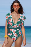 Sexy Deep V Neck Floral Print Ruffles One Piece Swimwear