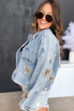 Sky Blue Leopard Star Distressed Cropped Denim Jacket