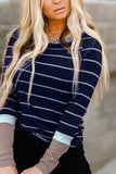 Extend Color Block Cuffs Rib Knit Striped Pullover