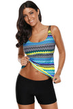 Bluish Zigzag Print Strappy Back Tankini Swimsuit