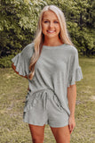 Ribbed Knit Ruffle Trim Casual Short Set