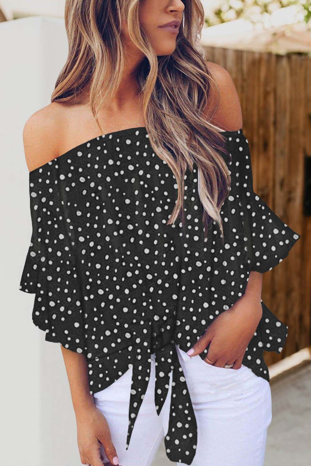 Black and white polka sales dot off the shoulder top