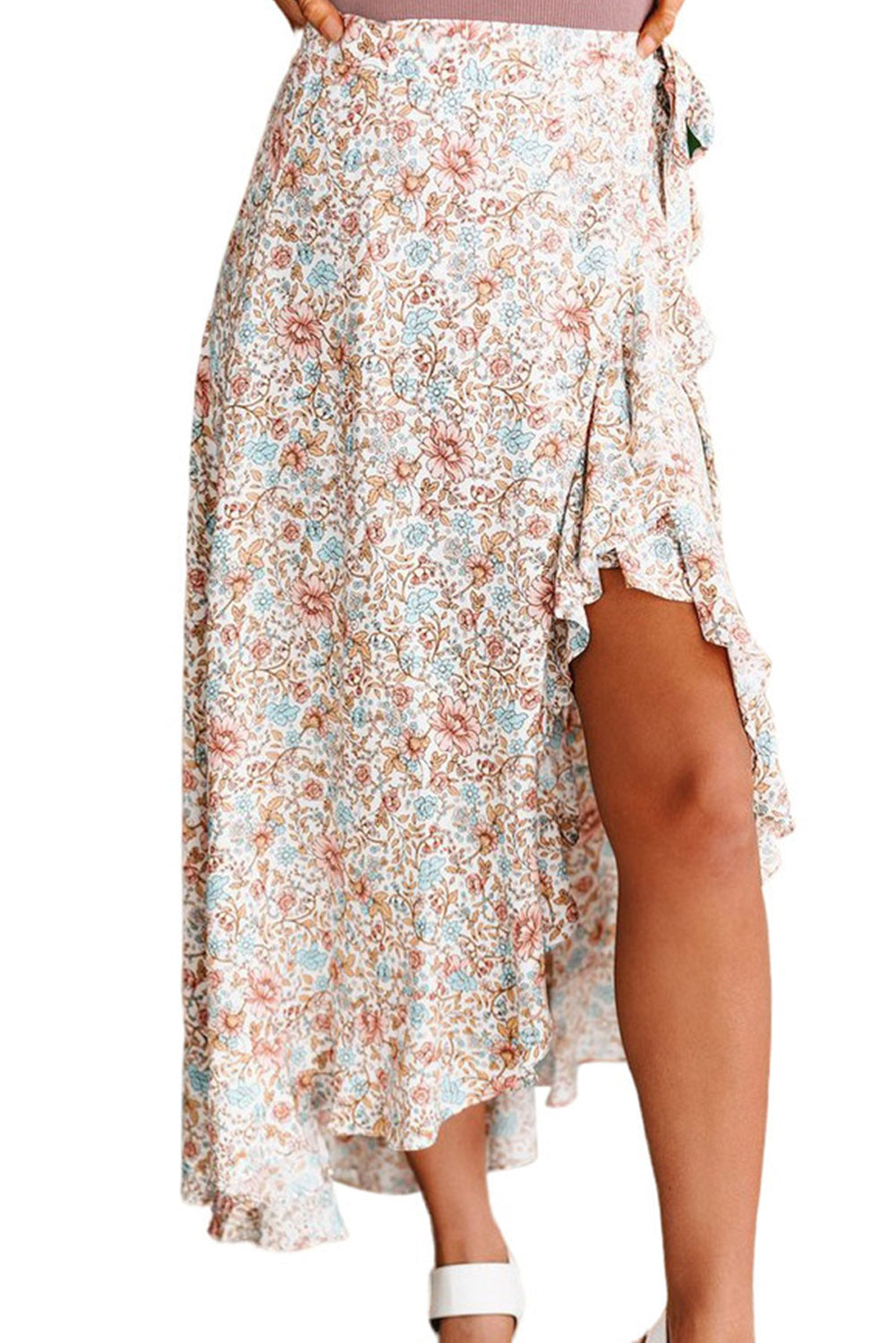 Wrap Style High-low Ruffle Hemline Floral Skirt ALELLY Wrap Style High-low Ruffle Hemline Floral Skirt ALELLY