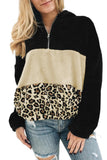 Leopard Color Block Pocket Fleece Quarter Zip Hoodie