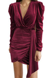 Wrap V Neck Long Sleeve Ruched Velvet Mini Dress