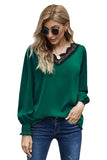 V Neck Lace Patchwork Green Blouse