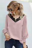 V Neck Lace Patchwork Green Blouse
