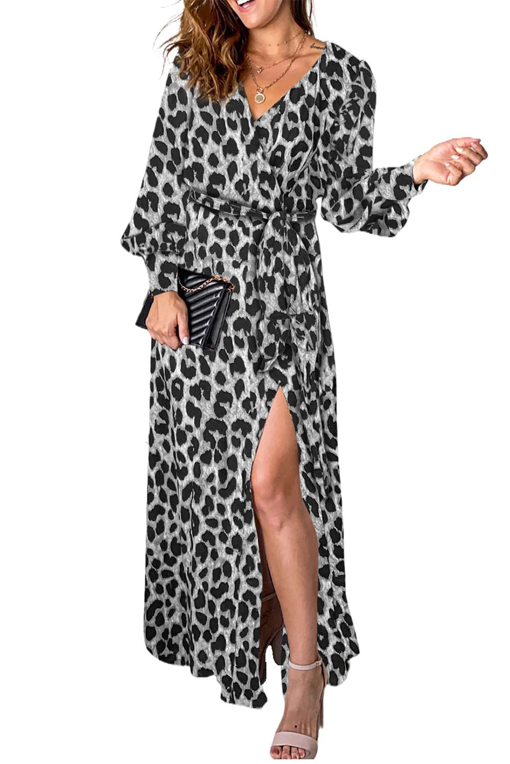 Sexy V Neck Cuffed Sleeve Leopard Maxi Dress