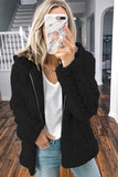 Khaki Zipper Hooded Faux Fleece Solid Color Jacket