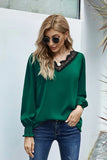 V Neck Lace Patchwork Green Blouse