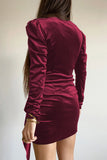 Wrap V Neck Long Sleeve Ruched Velvet Mini Dress