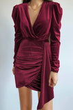 Wrap V Neck Long Sleeve Ruched Velvet Mini Dress