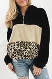 Leopard Color Block Pocket Fleece Quarter Zip Hoodie