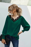 V Neck Lace Patchwork Green Blouse